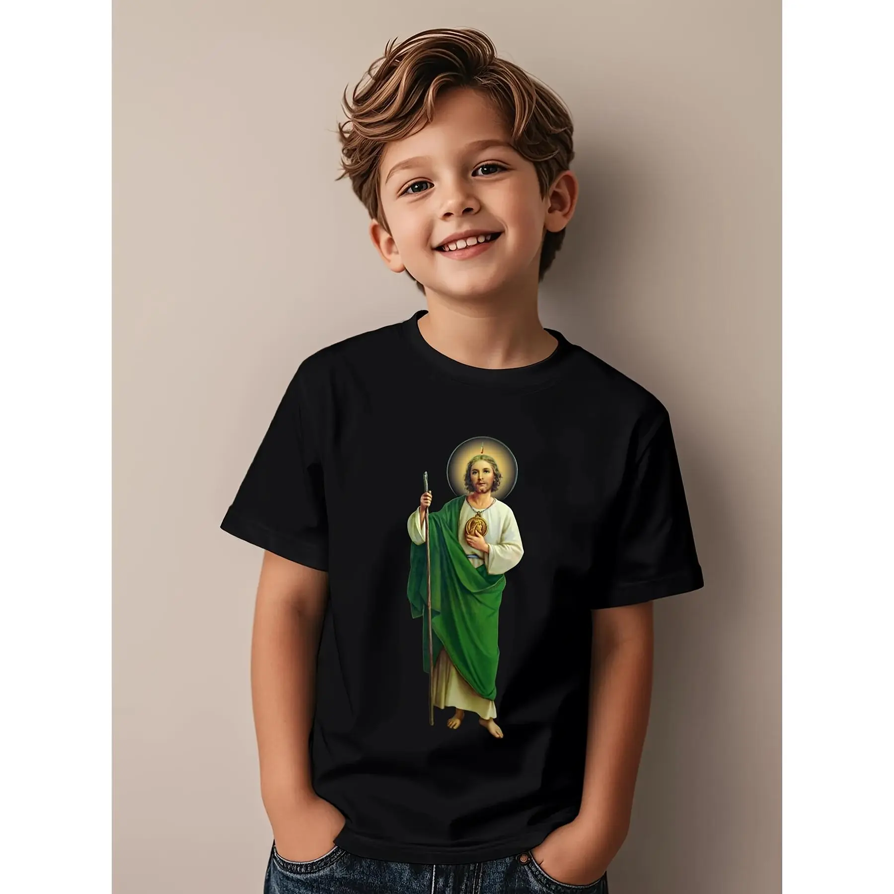 San Judas Tadeo Saint Jude Thaddeus Novelty Aesthetic Graphic Kid T-Shirt - Cute Religious Apparel with Iconic Icon, Medium Stretch Short Sleeve Round Neck Casual Streetwear, Machine Washable All-season Top For Boys & Girls, Street Style