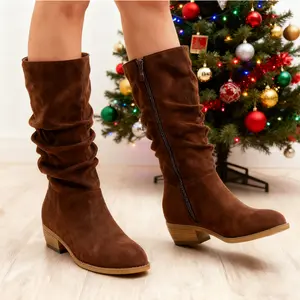 Women's Slouchy Mid-calf Boots Wide Calf Solid Color Round Toe Low Chunky Block Heel with Side Zipper Fall Winter Girl Fashion Comfortable Dress Jumping Shoes Footwear for Daily Wear Christmas Gift