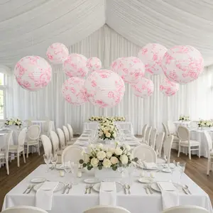 Set of 8 French Toile Hanging Paper Lanterns White with Pink Floral Pattern, Decorative Lanterns - 6", 8", 10", 14"