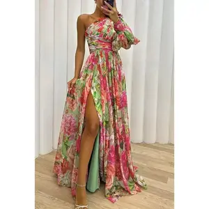 Cross-Border European and American Autumn Winter Party New Casual Slit Dress INS Loose Multi-Color Asymmetrical Shoulder Dress Formal Womenswear