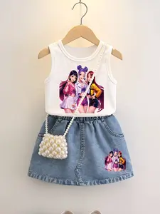 Two-Piece Set for Girls, Sleeveless Top and Denim Skirt, Anime-Inspired, Comfortable Elastic Waist, Summer Casual Wear, Ages 8 and Under