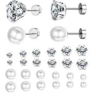 Jstyle 12Pairs Stainless Steel Round Clear Cubic Zirconia Pearl Stud Earring for Women CZ Earrings 3-8MM
