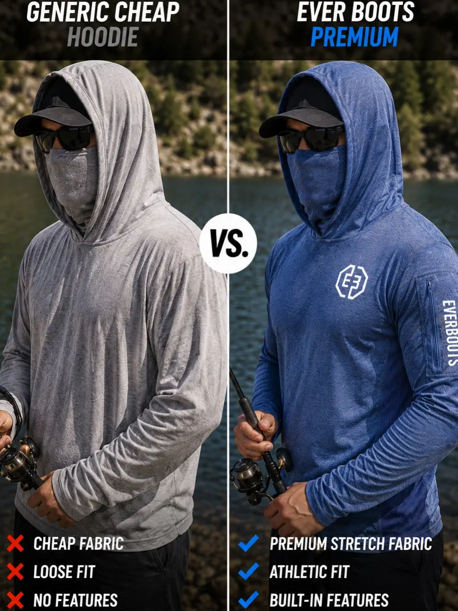 EVER BOOTS UPF +50 Long Sleeve Mens Sun Hoodie with arm pocket and face mask- 4 way stretch, Lightweight, Breathable, Moisture-Wicking, Premium Outdoor Wear for Men