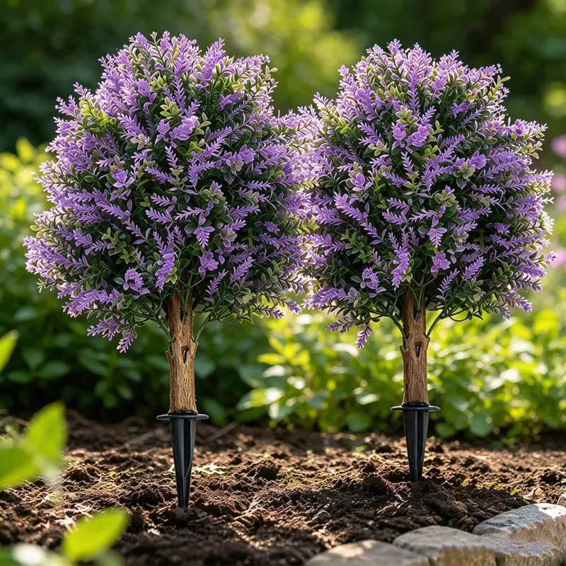 DLDA 2-Pack 24in Lifelike Decorative Artificial Lavender Boxwood Topiary Trees - UV-Resistant, Lightweight Faux Outdoor Shrubs with Ground Stake, No-Maintenance Easy-Setup Home Decor Accessory for Entryway, 4th of July, House Plants Decor