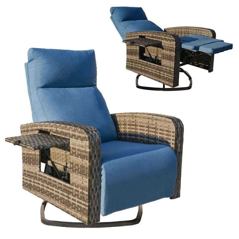 【SohoChic】ZZWHOM Single Seat Outdoor Wicker Furniture - 1/2 PCS PE Wicker Outdoor Chairs with Fixed Arms, 360° Swivel Adjustable Reclining Patio Sunlounger, Rust-proof Steel Frame, Side Table, Removable Covers, for Balcony Poolside, Modern Home Decor