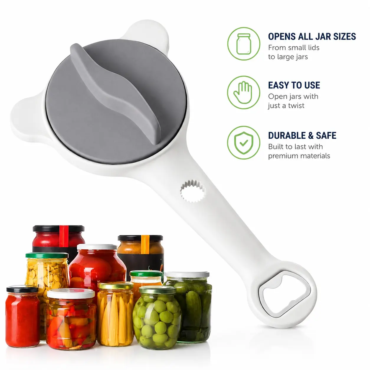 4-in-1 Multi-Purpose Jar Opener – Adjustable 2.5-8.9cm, Leverage Design, Compact & Portable, Twist & Open, Kitchen Helper