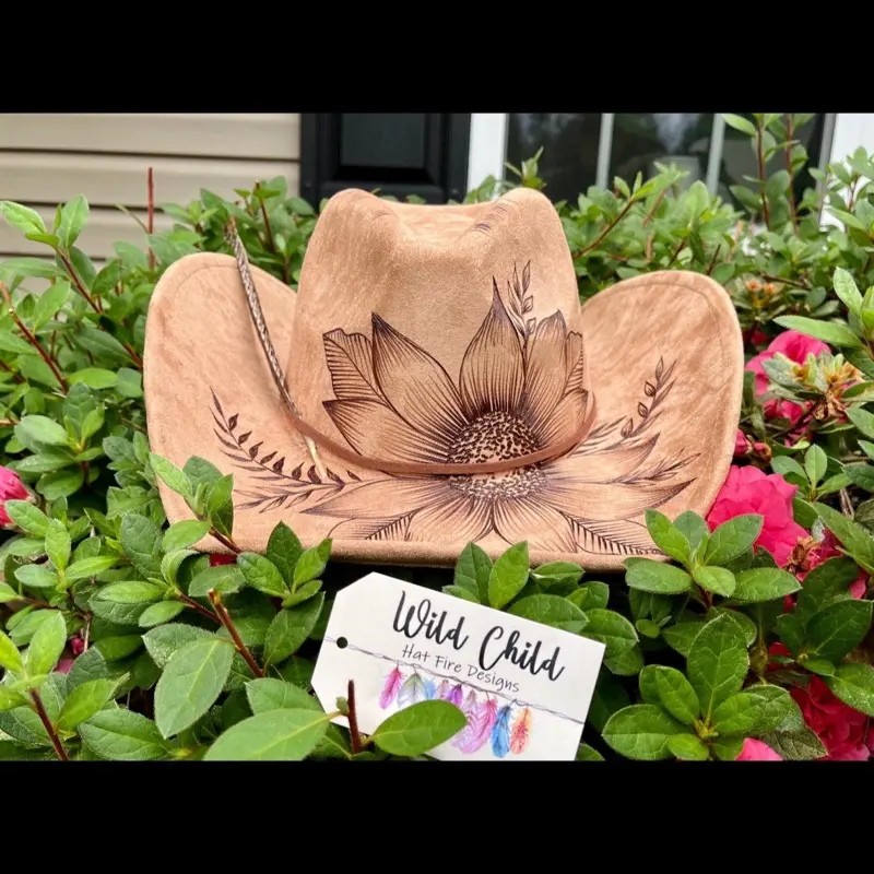 Hand Burned Sunflower cowboy hat, adjustable to fit all sizes