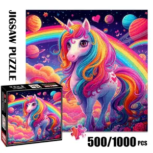 1pc 1000 piece adult puzzle 58x58cm Rainbow - Haired Unicorn with Planets, Rainbows and Hearts500 pieces of paper puzzle, suitable for adults and families, large-scale DIY puzzle interactive toy g