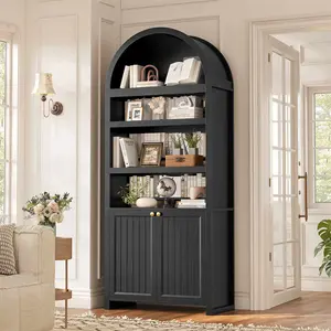 81 Inches Tall Arched 6-Tier Bookcase with Door Black