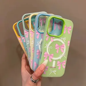 Magnetic Phone Case for IP 11-17 Series Pro Pro Max Plus Cute Pink Bow Macaron Jelly Design Wireless Charging Shockproof 2-in-1 Cover
