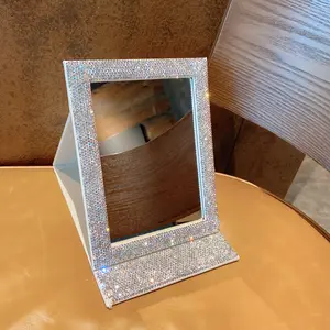 Portable Foldable Makeup Mirror with Artificial Diamonds, High-Definition Compact Desk Mirror for Dorms, Creative Simple Design, Modern Mirror