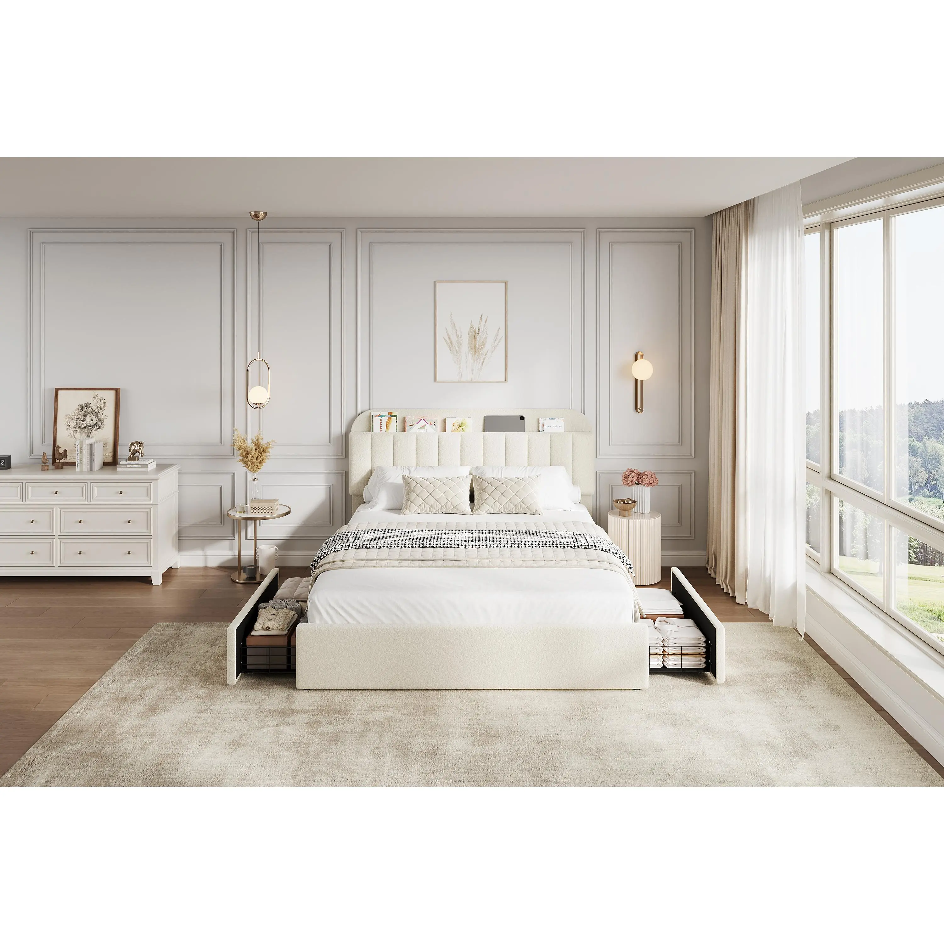 Garvee Boucle Upholstered Platform Bed Frame with Storage Headboard, 2 Drawers, Bookcase – Noise-Free, Easy Assembly, No Box Spring Needed – Ideal for Kids or Girls – Beige, Pink or Gray