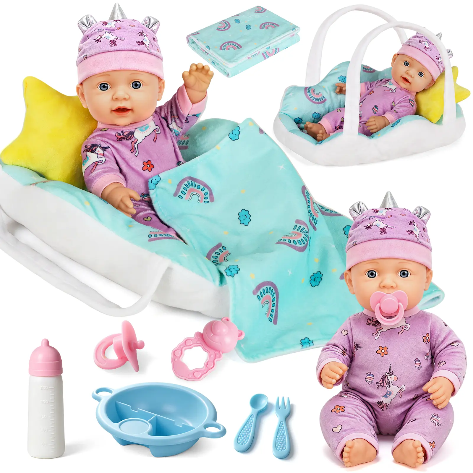 Lehoo Castle Newborn Baby Doll Set with Bassinet Bed for Girls, 12Inch, Realistic Baby Dolls, Unicorn Clothes, Bottle, Pacifier, Blanket Included, Pretend Play Toy, Easay to Carry, Girl Toy for Pretend Play & Collection Gifts, Imaginative Play Toys