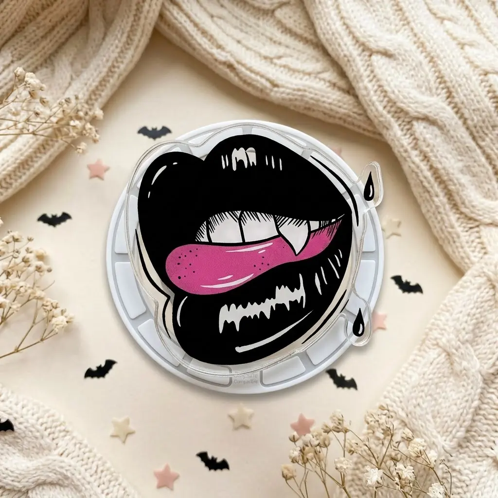 Dark Coquette Lips Acrylic Phone Grip, Black Glossy Lips Phone Holder, Vampire Fang Expandable Phone Stand, Spooky Gothic Aesthetic Gift for Her