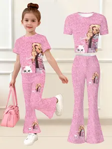 Girls' Sequin Barbie Print Short Sleeve Top and Flare Pants Set, Sweet Princess Style, Soft Skin-Friendly, Children