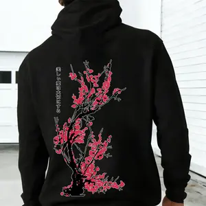 2026 Lightweight Men's Hoodie Premium Polyester Unisex Relaxed Fit Pullover with Front  Print Red Cherry Blossom Graphic Japanese-Inspired Streetwear TopDaily Wear Casual Outings Spring Summer  59°F+ Weather Great Gift for Street Style Enthusiasts