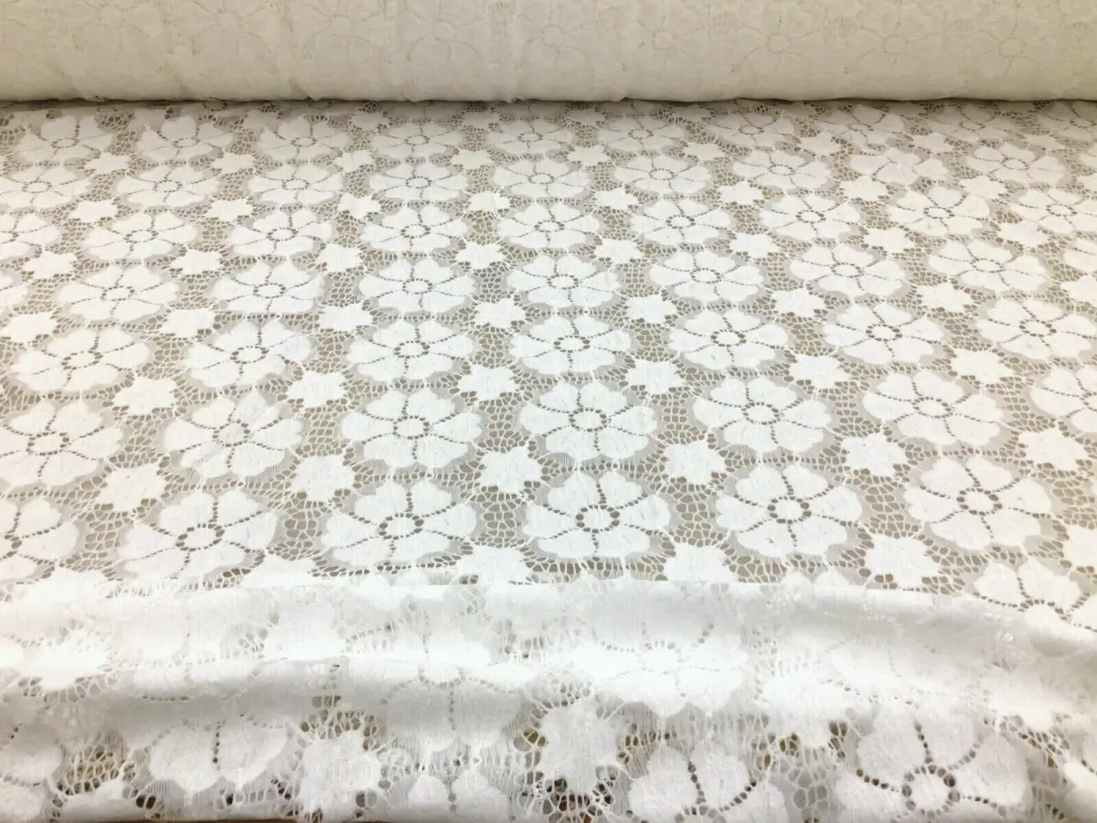 Embroidered Stretch Lace Apparel Fabric Sheer Floral Pearl White HH412