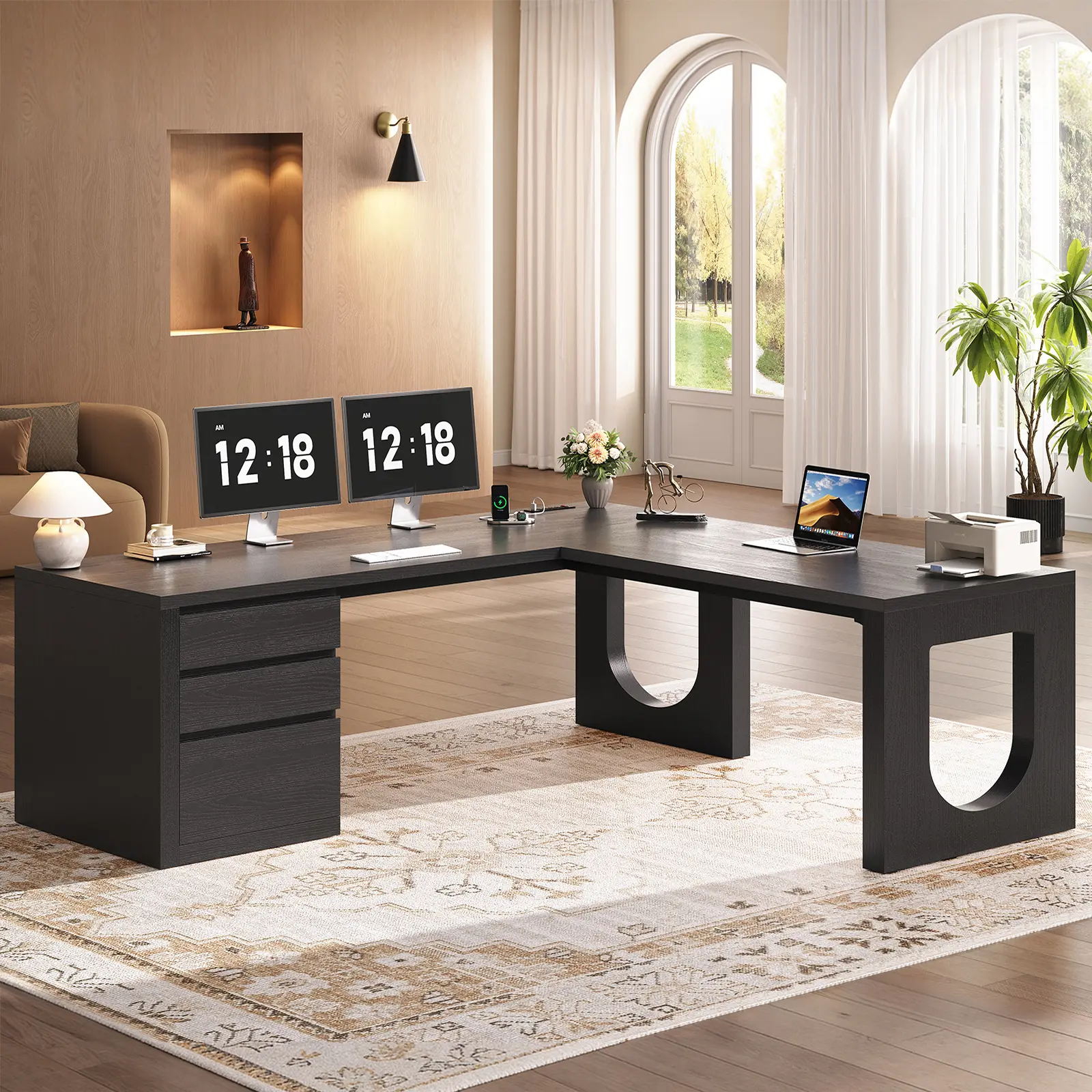 Sedeta 63-Inch Modern L-Shaped Wooden Executive Desk - U-Legs, Embossed Grain, 3 Sliding Drawers (1 File Drawer), Power Outlets, Home Office Furniture, Ergonomic Design
