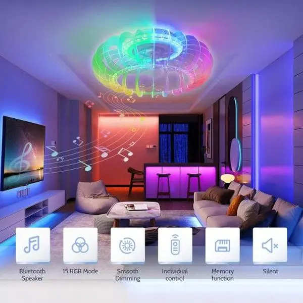 21'' Low Profile Bladeless Ceiling Fan with Lights Dimmable LED Enclosed Ceiling Fans with Light and Remote 6 Wind Speeds Reversible Ceiling Fan with Bluetooth Speaker for Kids Room Bedroom Party
