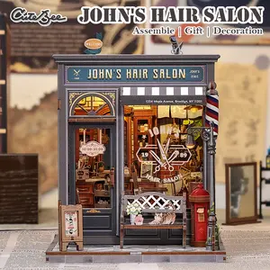 CUTEBEE John’s Hair Salon DIY Dollhouse Kit WITH DUST COVER | Clearance Sale 3D Wooden Miniature House Booknook, Creative Gifts for Adults