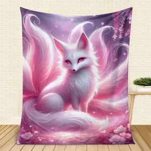 1Pc Pink Nine-Tailed Fox Series Flannel Blanket - Contemporary Mystical Fox & Cherry Blossom Design, Soft Machine-Washable All-Season Cozy Throw For Home Decor, Fantasythemed Decor, Intricate Pattern Craftsmanship