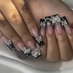 24pcs Black French Tip Press On Nails - Long Coffin Fake Nails with 3D Butterfly and Planet Rhinestone Design, Glossy Full Cover Ballerina False Nails for Women and Girls