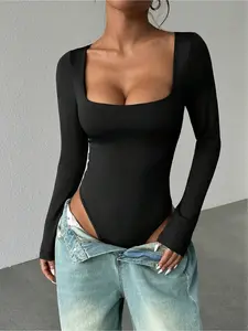Women's long-sleeve knit bodysuit, Womenswear, figure-hugging cut, minimalist and versatile, perfect for daily wear and office commutes.