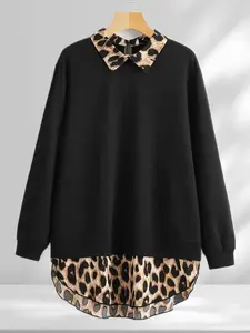 Plus Size Leopard Print Curved Hem Pullover Sweatshirt, Casual Long Sleeve Fitted Sweatshirt for Fall & Winter, Women's Clothing for Daily Wear, Everyday, Tops, Womenswear, Lady