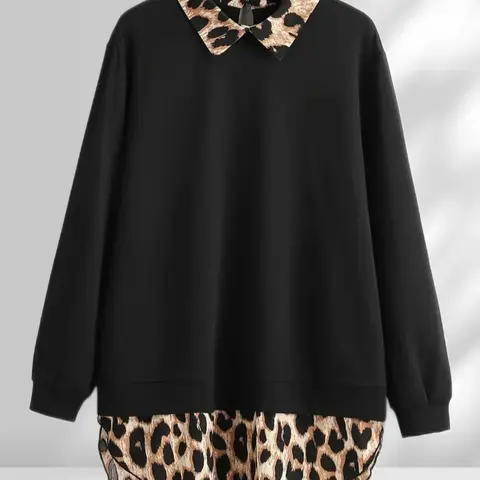 Plus Size Leopard Print Curved Hem Pullover Sweatshirt, Casual Long Sleeve Fitted Knit Pullover Sweatshirt for Fall & Winter, Women's Clothing for Daily Wear, Everyday, Tops, Womenswear, Lady, Casual Fashion Knitwear