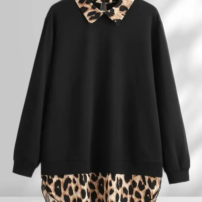 Plus Size Leopard Print Curved Hem Pullover Sweatshirt, Casual Long Sleeve Fitted Knit Pullover Sweatshirt for Fall & Winter, Women's Clothing for Daily Wear, Everyday, Tops, Womenswear, Lady, Casual Fashion Knitwear