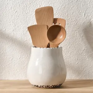 Kitchen utensil storage rack, 6.3inch ceramic vintage-style kitchen utensil organizer, suitable for countertops, farmhouse-style cooking tool organizer, kitchen decorative utensil holder, antique cracked white