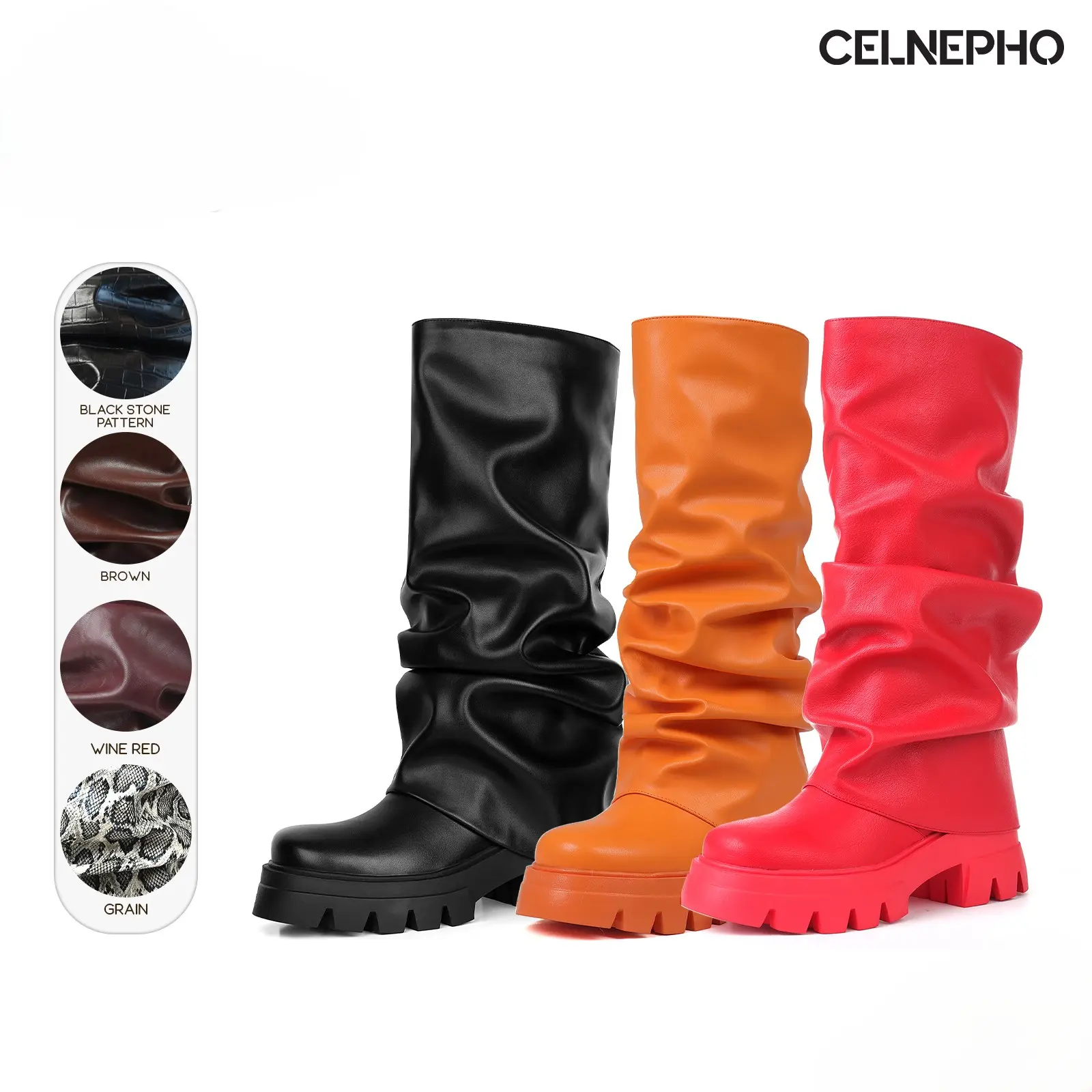 CELNEPHO Womens Slouchy Boots Round Toe Chunky Platform Heel Foldover Knee High Boots Easy Pull on Combat Fashion Booties Everyday Wear Gift Date Casual Trendy Dress Shoes