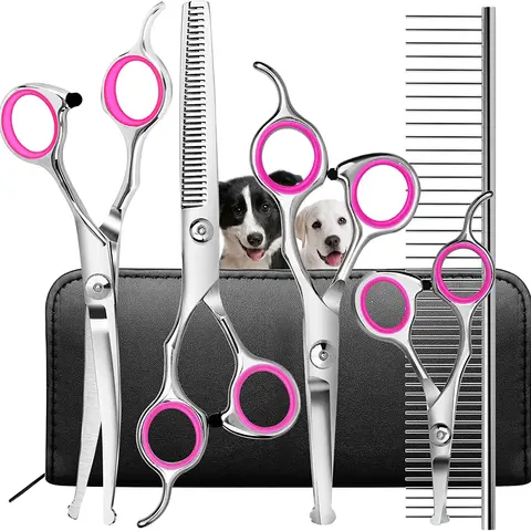 7-Piece Dog Grooming Scissors Kit, Stainless Steel Pet Grooming Shears with Straight, Curved, Thinning & Round Tip Scissors, Comb & Storage Case for At-Home Dog Cat Hair Trimming
