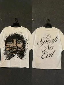 Viral Trendy Speak No Evil Dark Street Philosophy Short-Sleeve T-Shirt Front Artistic Muted Face + Splatter Texture + Back "Speak No Evil" Gothic Slogan + Loose Casual Fit Daily/Trend Social Essential Unisex Aesthetic Dark Street Philosophy Theme Outfit C