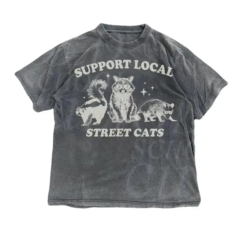 Men's Soft Casual Cotton Short-Sleeve T-Shirt - Crew Neck Fitted Menswear Top, Vintage Raccoon & Local Street Cats Graphic Retro Streetwear Everyday Basic, Casual Cotton Tee