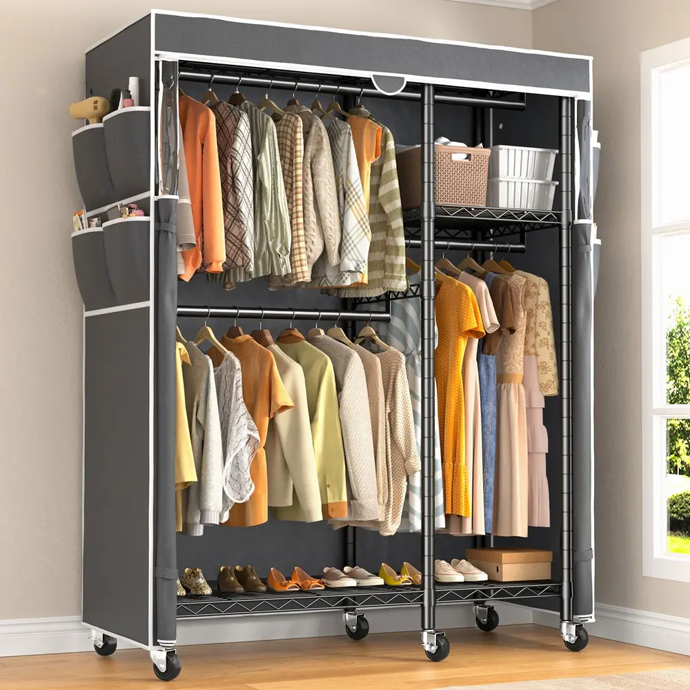Raybee Coat Rack with Cover Metal Clothing Racks for Hanging Clothes Heavy Duty Portable Garment Rack Closet with Wheels & Adjustable Feets