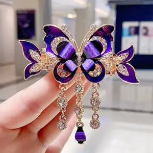SQ Fashions Elegant Butterfly Tassel Hair Clips with Rhinestone & Crystal Tassels 7cmx7cm Unisex Ponytail Accessories for Adults