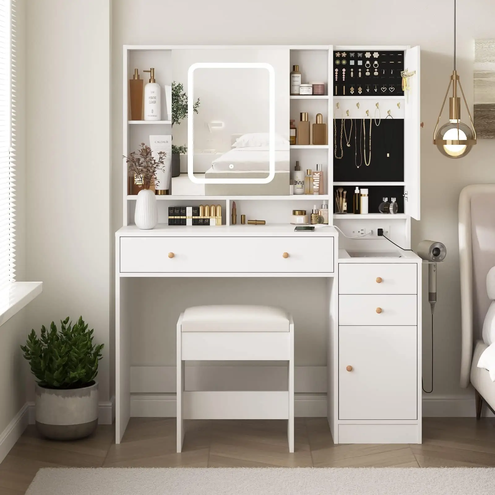 Vabches White Vanity Desk with Mirror and Lights, Vanity Table Makeup Vanity with Lights 3 Drawers and Cabinets