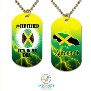 Antonnett Caribbean Heritage Personalized Dog Tag Necklace – Gold/Silver, 24" Chain, 22 Country Flags, Multi-Language Display Card