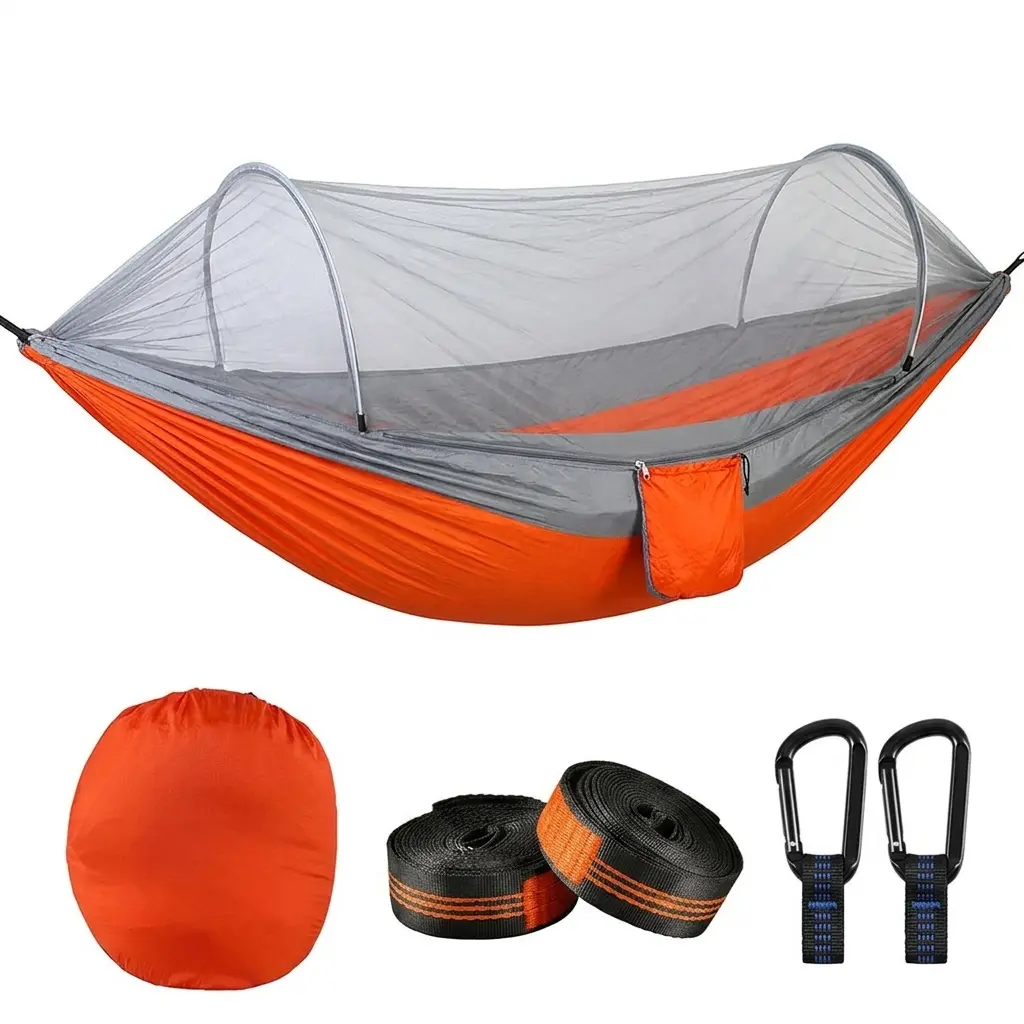ARIVO Twin Camping Hammock Tent with Mosquito Net, 210T High-Density Parachute Nylon Automatic Quick-Open Pop-Up Hammock, 290cm x 140cm, 200kg Capacity, Tree Straps & Carabiners, Portable Outdoor Backpacking Orange Grey, Anti-Mosquito, Hammock Camping