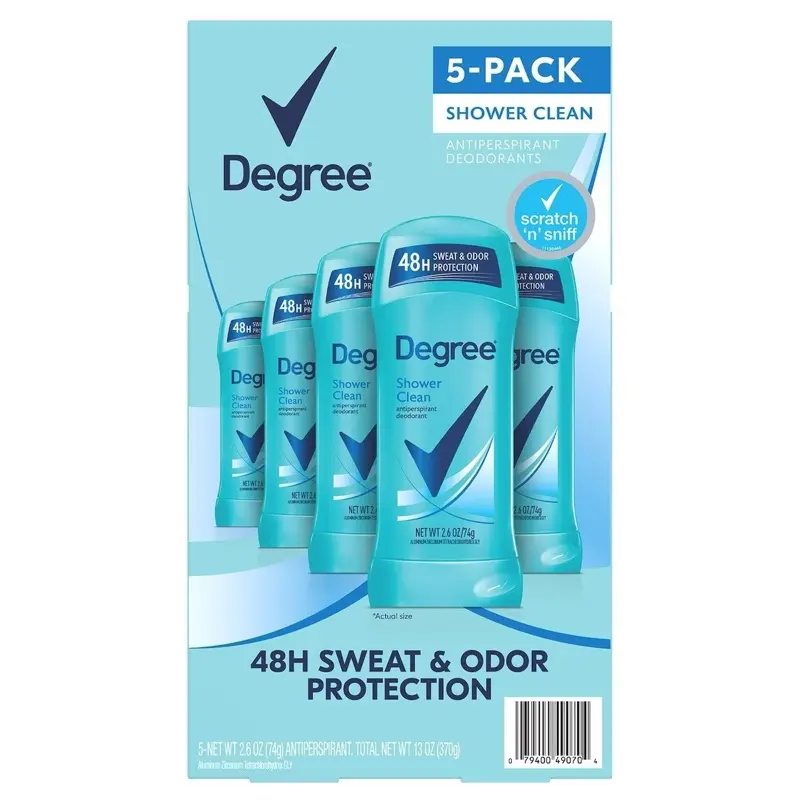 Degree Antiperspirant Deodorant Shower Clean 2.6 oz 5 pk 48H Sweat & Odor Protection Scratch n Sniff