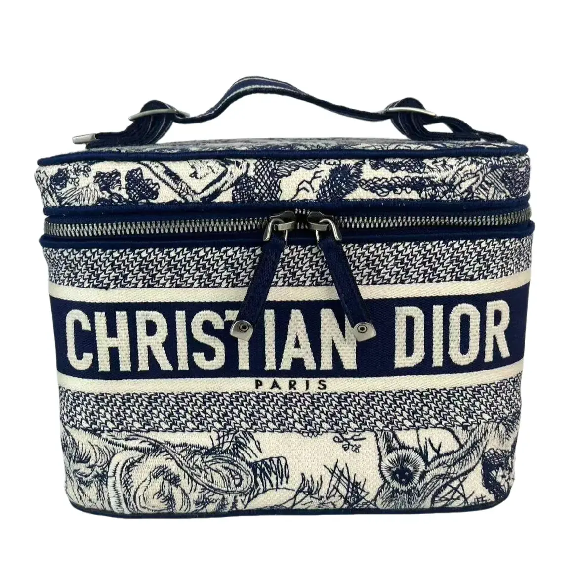 Pre-owned Dior Fabric Top Handle Bags Travel Vanity Case Embroidered Canvas Top Handle Bag