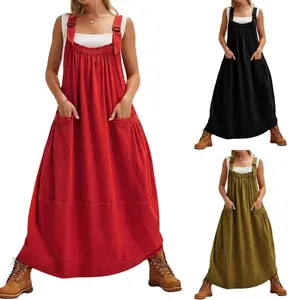 Ommig Womens Loose Barrel Midi Dress Oversize Adjustable Strap Maxi Dress Overall Jumpsuits with Pockets