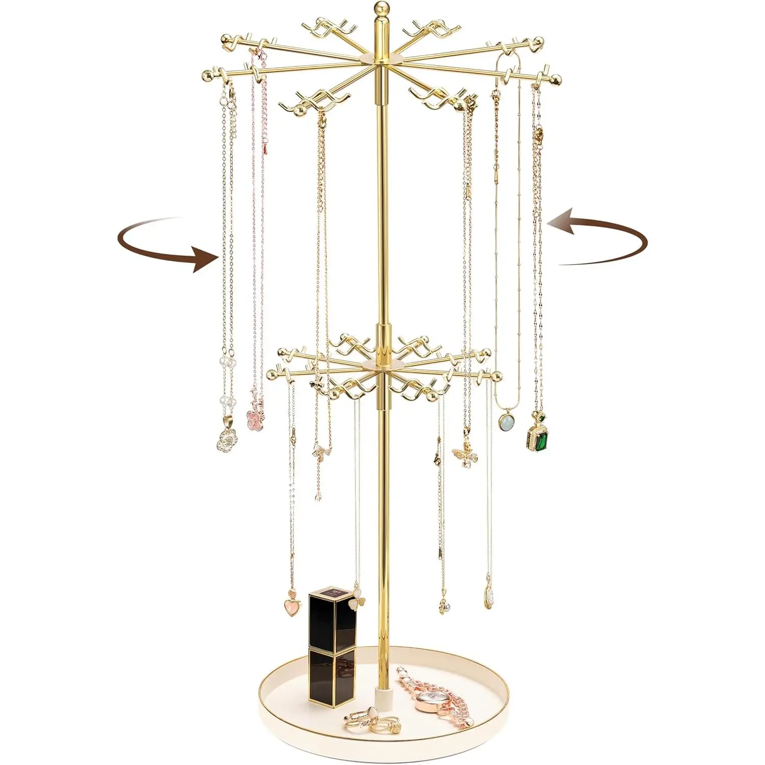 2 Tier Rotating Necklace Holder Jewelry Stand, Necklace Holder Organizer with 64 Hooks, Metal Spinning Jewelry Display Stand for Long Necklace Earring Bracelet Craft Tree Stand for Women Gold