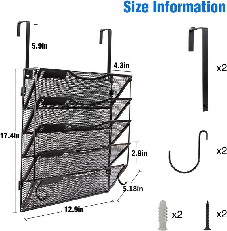 Wall File Organizer 3/5 Pockets, Mail Organizer, Hanging Folder Holder, Foldable | Hanging or Wall Mounted | Label Panel | 2 Hooks | Office Home School Organizer, Black