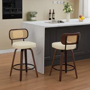 Counter Height Bar Stools Set of 2 - 26 inch Rattan Counter Height Stools with Cane Back, Upholstered Seat, Walnut Craftsmanship, Swivel Counter Stools for Island/Kitchen/Counter/Bar (Walnut /Beige), 2 PCS