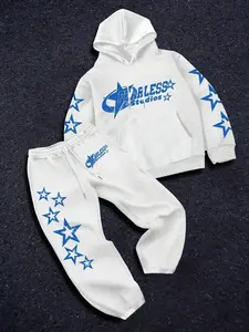 Men's Letter Star Print Drop Shoulder Thermal Lined Hoodie & Drawstring Waist Sweatpants Two-piece Set, Regular Fit Fashion Casual Pocket Hooded Sweatshirt & Trousers for Daily Outdoor Wear, Men's Outfits for Fall & Winter