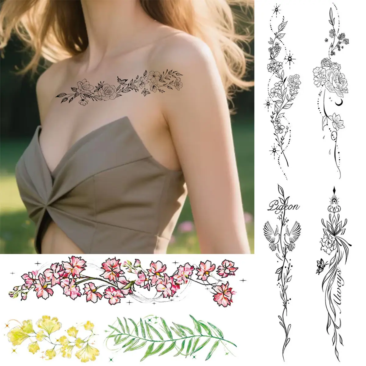 Women's 8-Piece Romantic Watercolor Temporary Tattoo Sticker Set, Black Line Assorted Wildflower-Butterfly-Star Armband Tattoos for Festival-Beach Outfits, Water Transfer Paper, Ribs