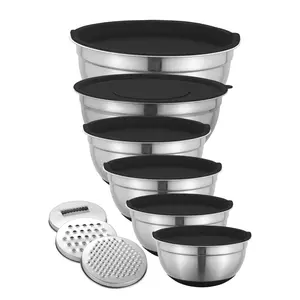 Stainless Steel Nesting Bowl Set, 9 Counts/set Including 6 Counts Mixed Size Bowl with Lid & 3 Counts Grater, Kitchen Baking Set, Fruit Bowl, Vegetable Bowl, Tableware