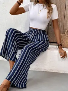 Women's Striped Print Wide Leg Pants, Elegant Comfy Trousers for Daily Wear, Ladies Bottoms for All Seasons
